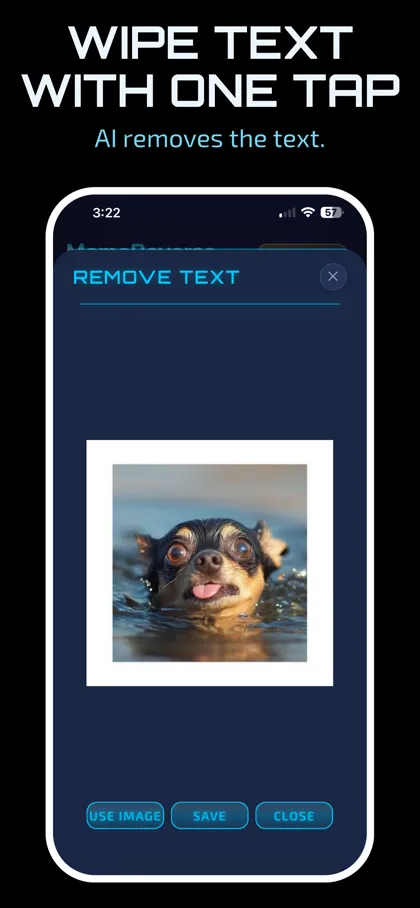 Remove text screen showing a meme image with its caption erased by AI inpainting.